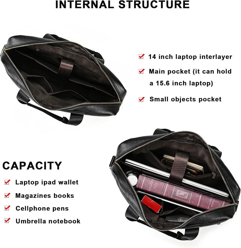 SAIION Genuine Leather Briefcase for Men, Laptop Computer Shoulder Bag With Strap, 15.6 Inch Business Travel Work Handbag - Image 3